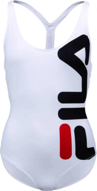 Plavky vcelku športového strihu s výrazným logom na strane