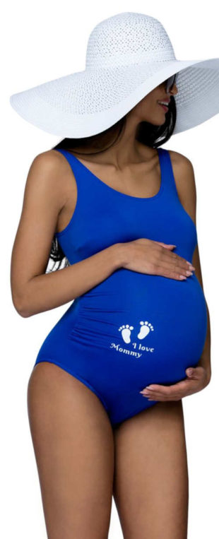 Štýlové tehotenské plavky s vtipným nápisom v modrej farbe