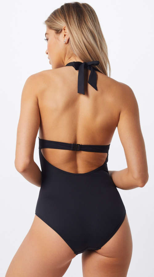 Jednofarebné čierne dámske plavky so zaväzovaním za krkom