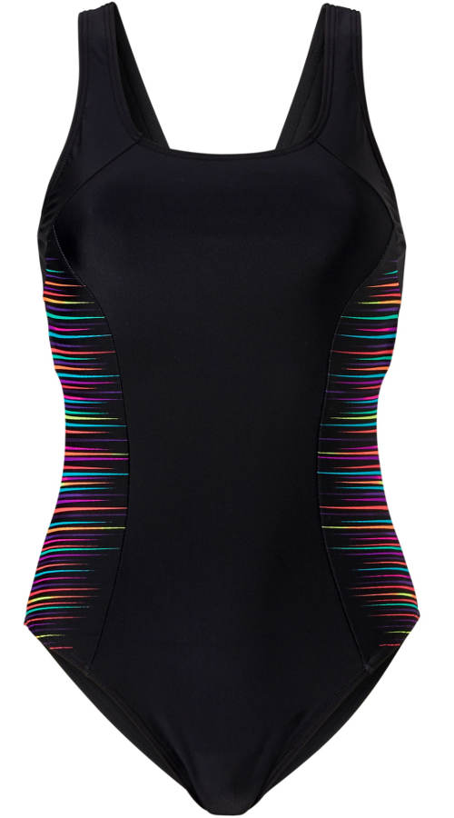 Čierne dámske plavky s drobnými farebnými prúžkami