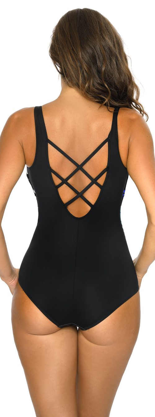 Čierne dámske jednodielne plavky s elegantne riešeným chrbtom