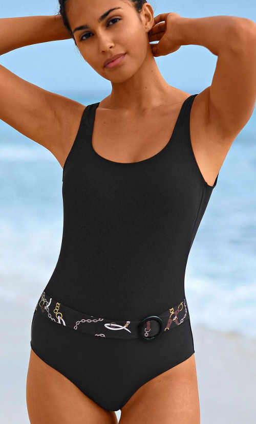 Čierne dámske jednodielne plavky s opaskom