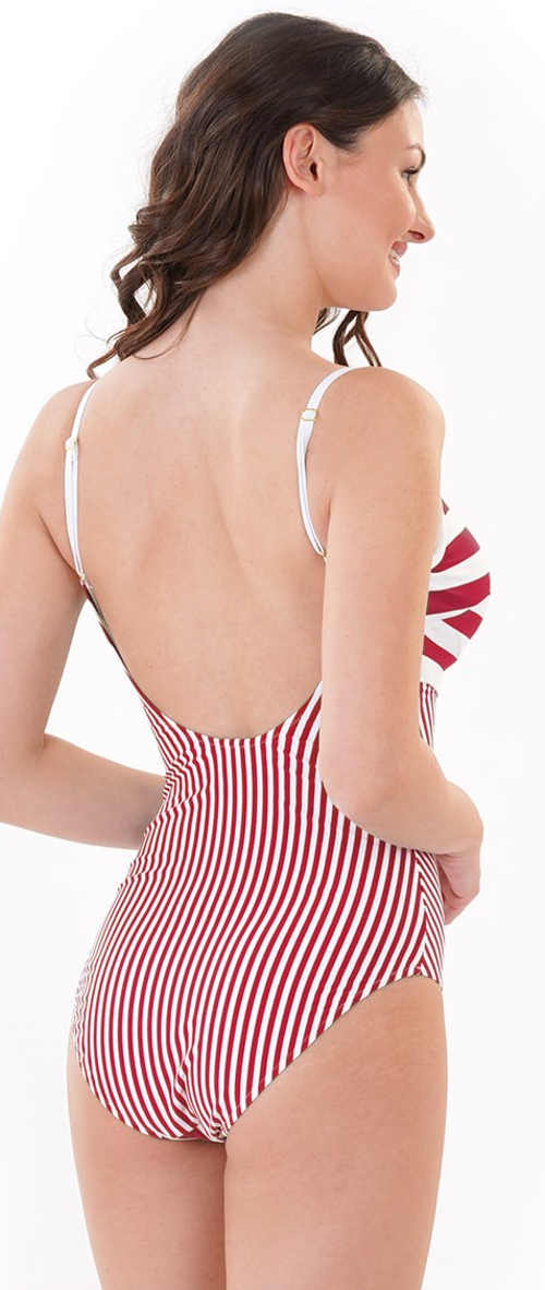 Červeno-biele pruhované jednodielne plavky so špagetovými ramienkami