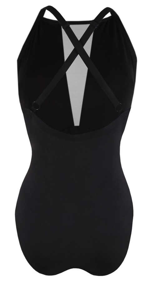 Čierne jednodielne plavky pre silnejšie postavy s prekríženými ramienkami na chrbte