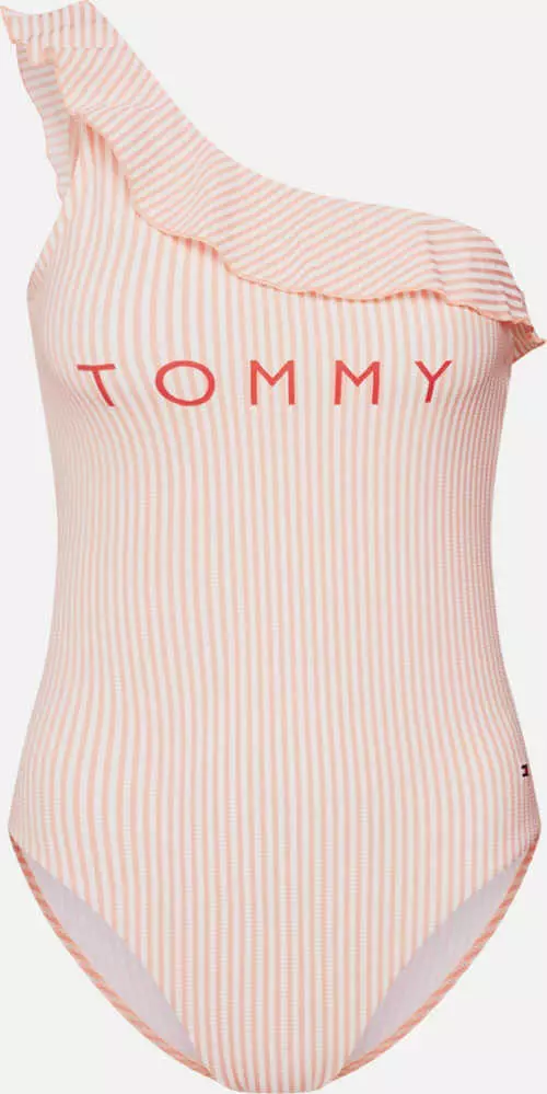 Ružovo-biele jednodielne plavky Tommy Hilfiger s malým prúžkom
