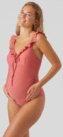 Romantické ružové jednodielne tehotenské plavky s volánikmi